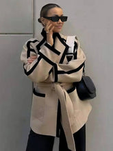 Aurohaya Elegant Wool Belted Coat with Pockets, Lapel Collar, Long Sleeves Casual Oversized Women’s Jacket for Autumn and Winter